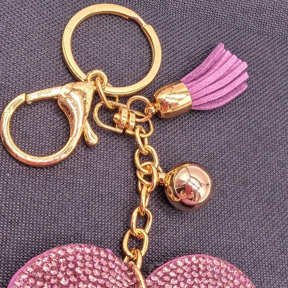 NEW Crystal Rhinestone Purple Heart Purse Charm Key Ring Chain Ring Zipper Gold - Picture 4 of 13